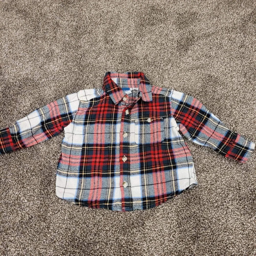 Old Navy Kids Red White Blue Plaid Flannel Button Down Shirt 12-18 Months 1166